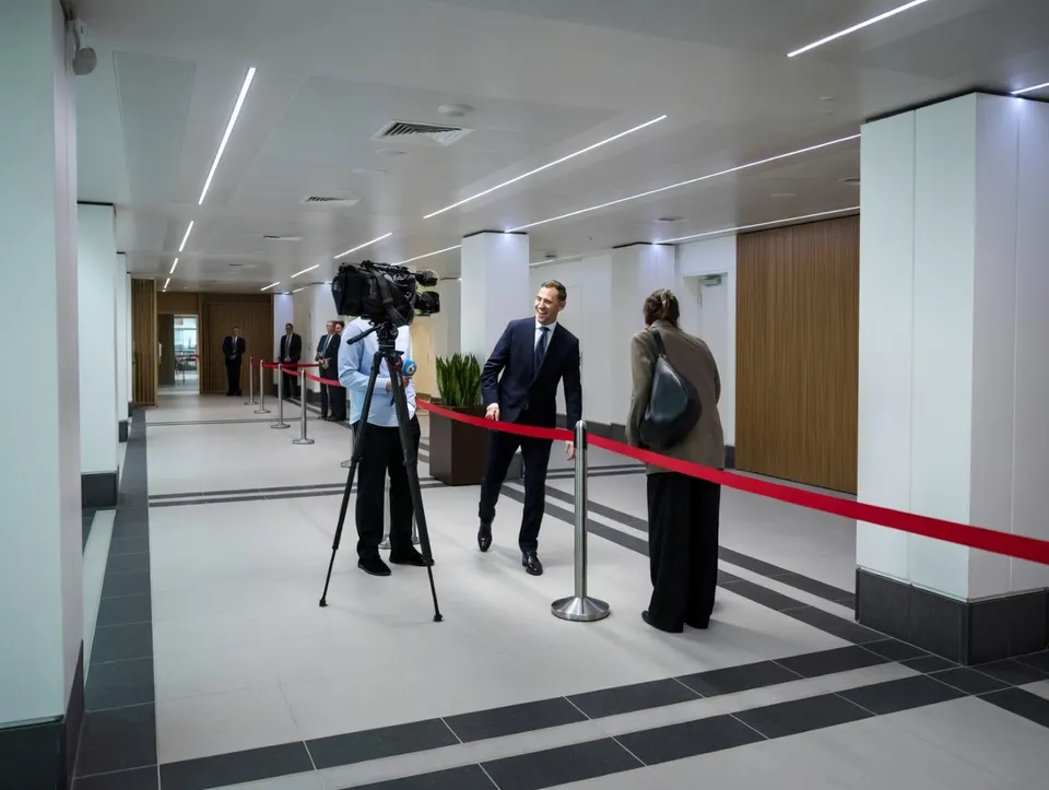 Een man loopt langs een camerateam in een regeringsgebouw