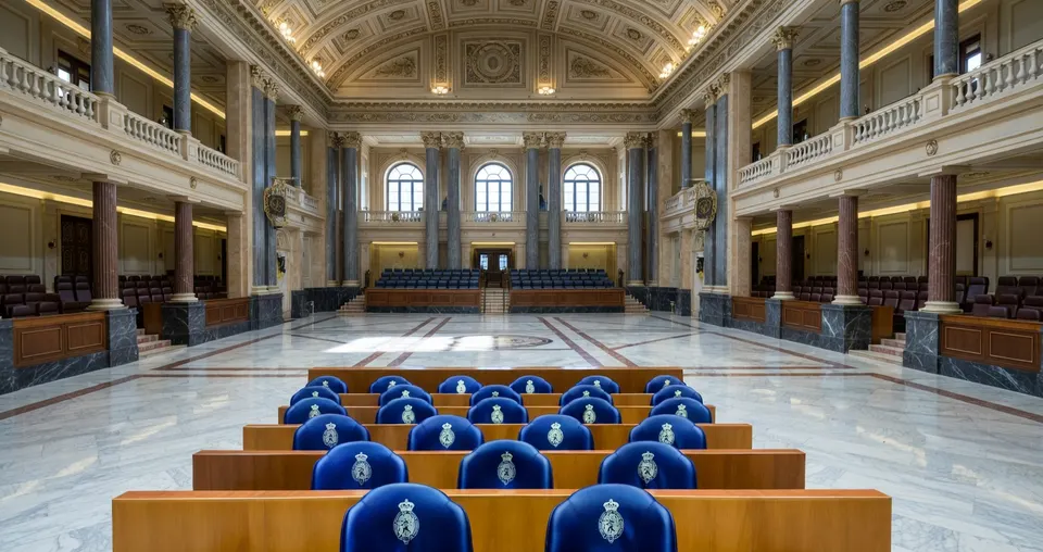 Een lege zaal met rijen blauwe stoelen