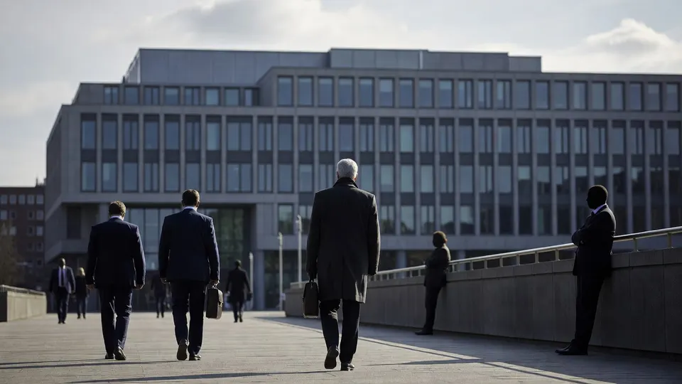 Ambtenaren lopen langs een overheidsgebouw