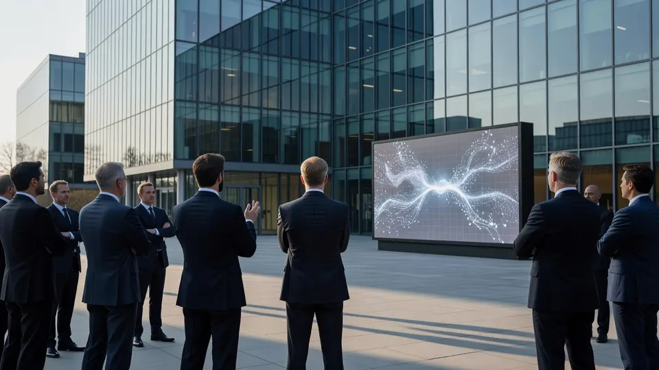 Topmannen bekijken een scherm met een visualisatie van kunstmatige intelligentie