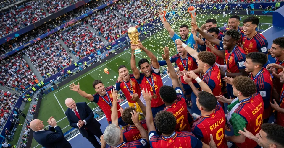 De Spaanse spelers tillen de wereldbeker op na de uitreiking door Donald Trump