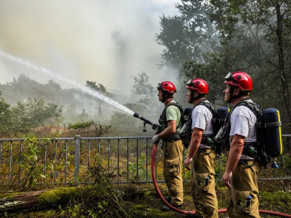 Brandweerlieden blussen een natuurbrand met een brandslang