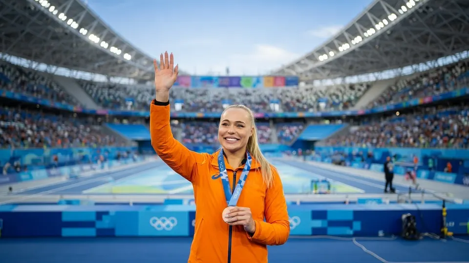 Jutta Leerdam zwaait in een olympisch stadion