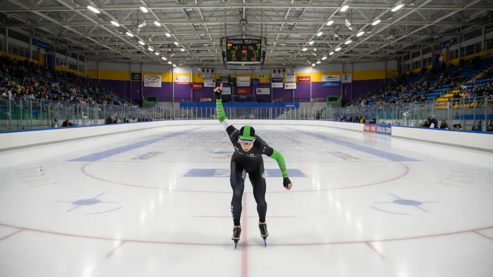 Schaatser tijdens een training in een overdekte ijsbaan