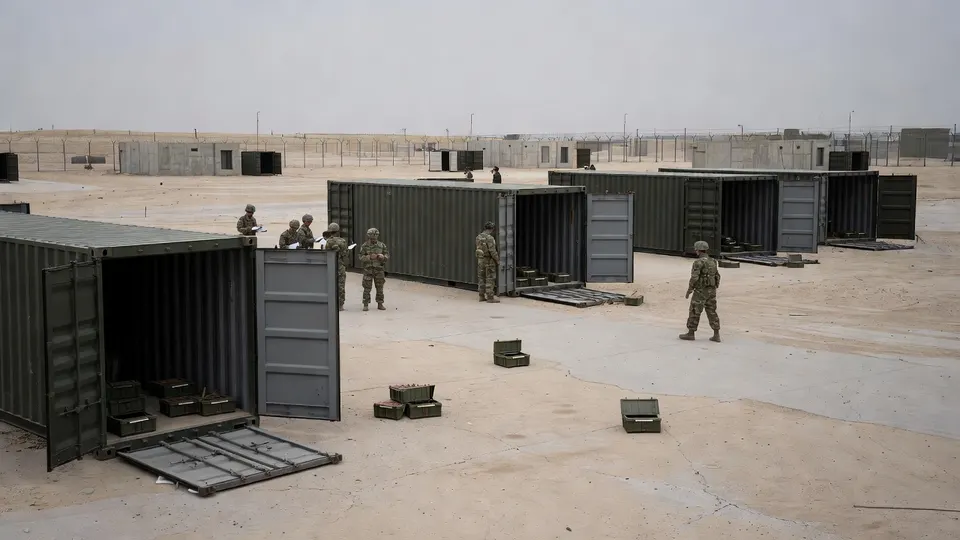 Amerikaanse militairen lopen langs containers en munitiekisten op een militaire basis