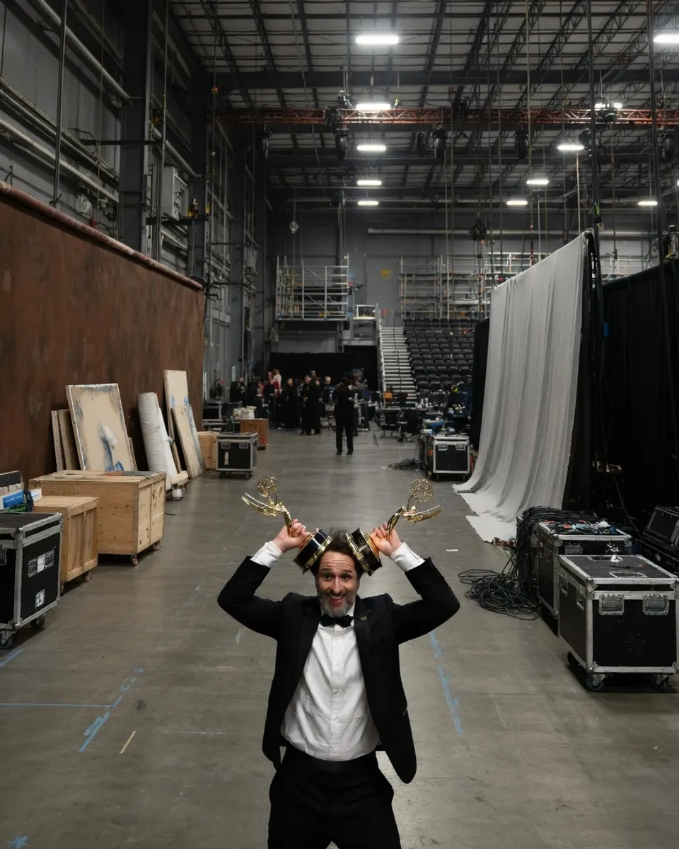 Matthew Rhys poseert met twee Emmy’s achter de schermen