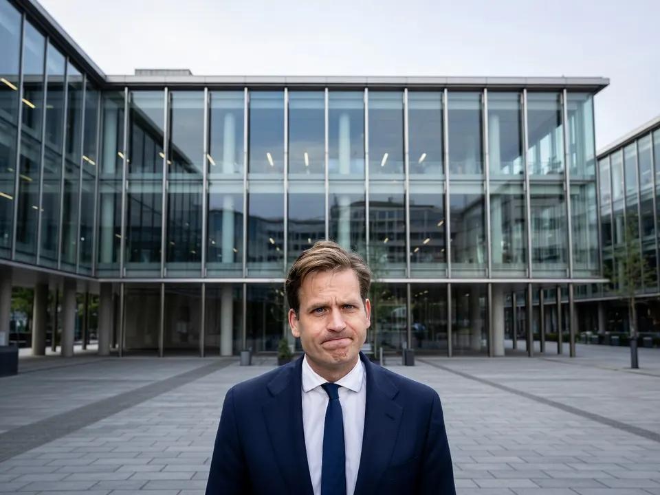 Minister Vincent Karremans van Infrastructuur en Waterstaat voor een overheidsgebouw