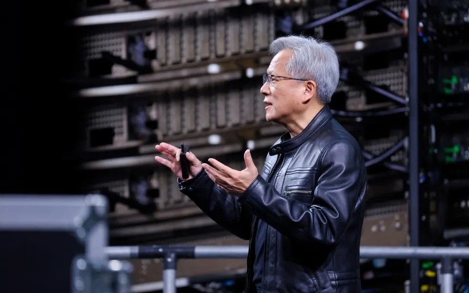 Nvidia-topman Jensen Huang spreekt tijdens de technologieconferentie Dreamforce