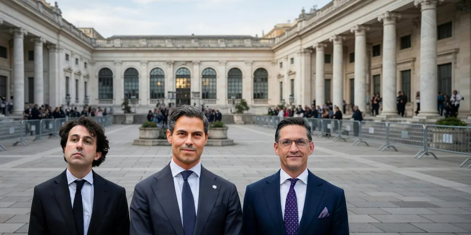 Drie politici lopen over het plein voor een regeringsgebouw