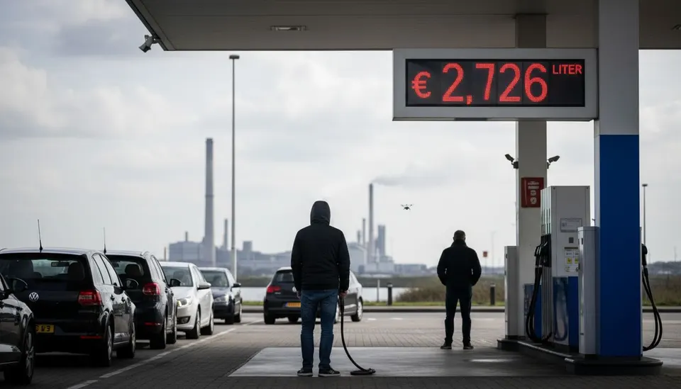 Automobilisten tanken terwijl de benzineprijs op het bord 2,726 euro per liter staat
