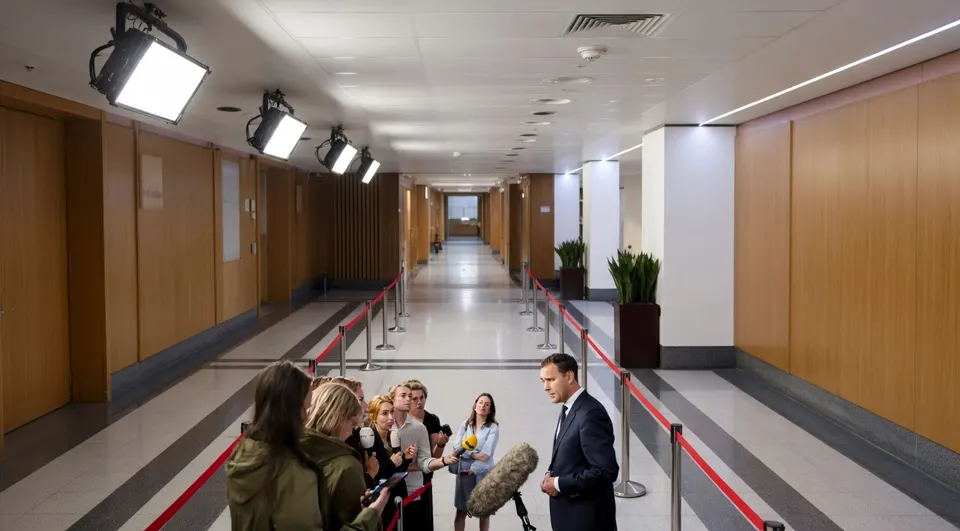 Minister Eelco Heinen van Financiën staat journalisten te woord in de Tweede Kamer