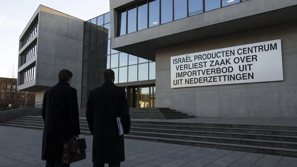 Twee mannen lopen langs het Israël Producten Centrum, waar een bord over de verloren rechtszaak hangt