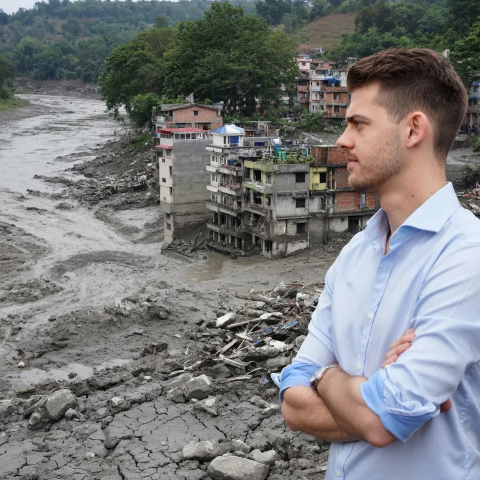 Man kijkt uit over een door een vloedgolf getroffen riviergebied in Nepal