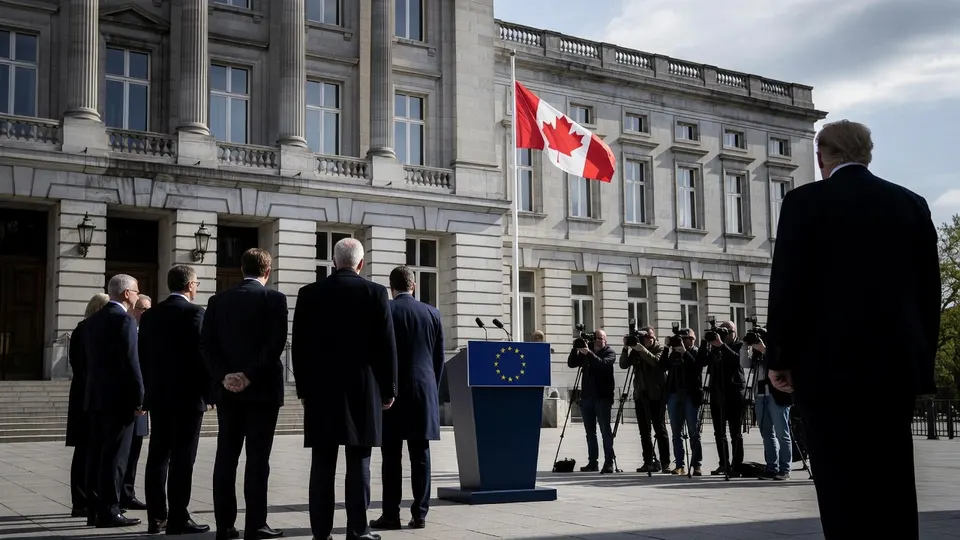 EU- en Canadese vlaggen bij een persmoment over nauwere samenwerking tussen Canada en de Europese Unie