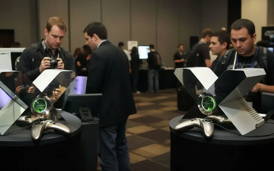 Bezoekers bekijken originele Xbox-consoles tijdens een game-evenement