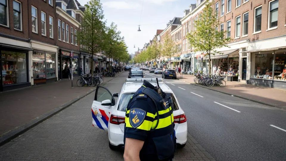 Politie bij een auto in een winkelstraat in Delft