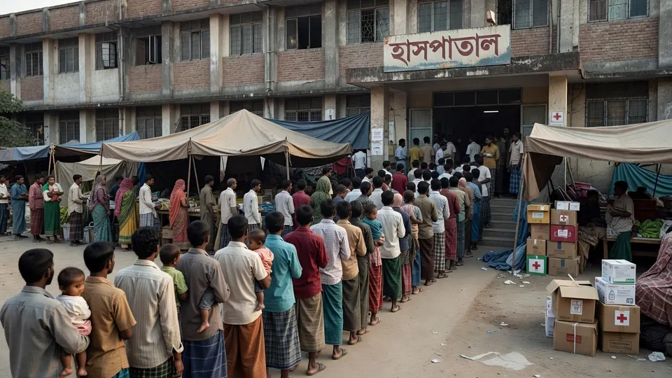Lange rij mensen voor een ziekenhuis in Bangladesh tijdens de mazelenuitbraak