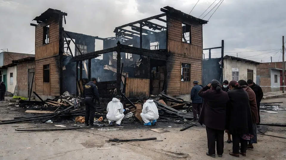 Omstanders bekijken de uitgebrande woning in Lima waar tien familieleden omkwamen