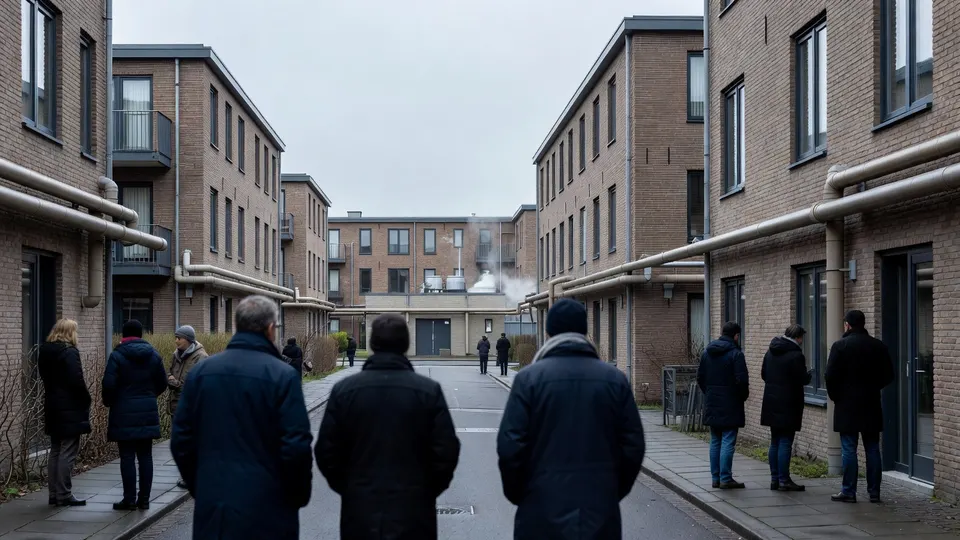 Bewoners lopen door een woonwijk met woningen die zijn aangesloten op een warmtenet