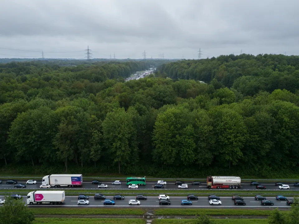 Verkeer op een snelweg met meerdere vrachtwagens tussen de bomen