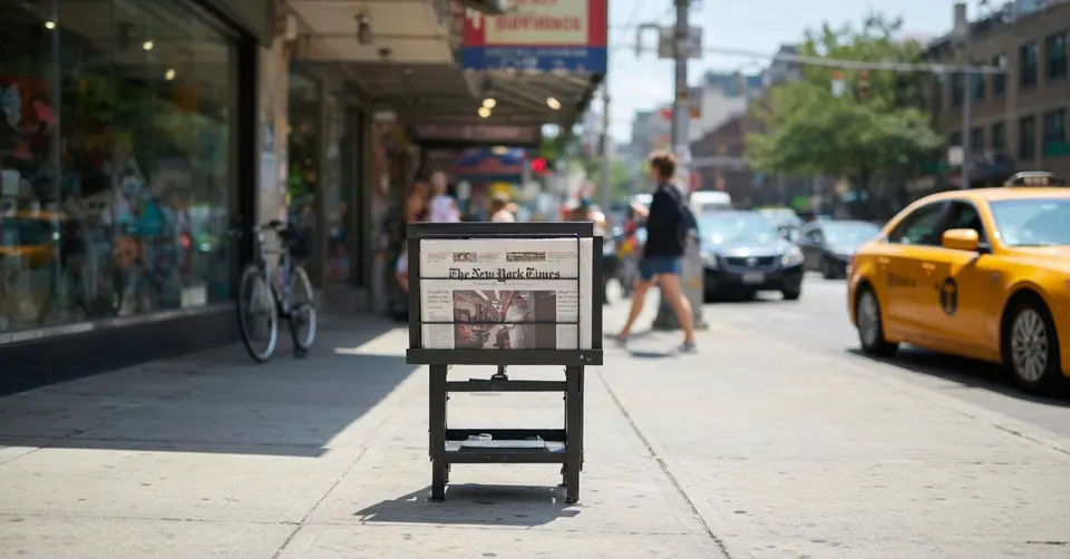 Een krantenkar met The New York Times op straat