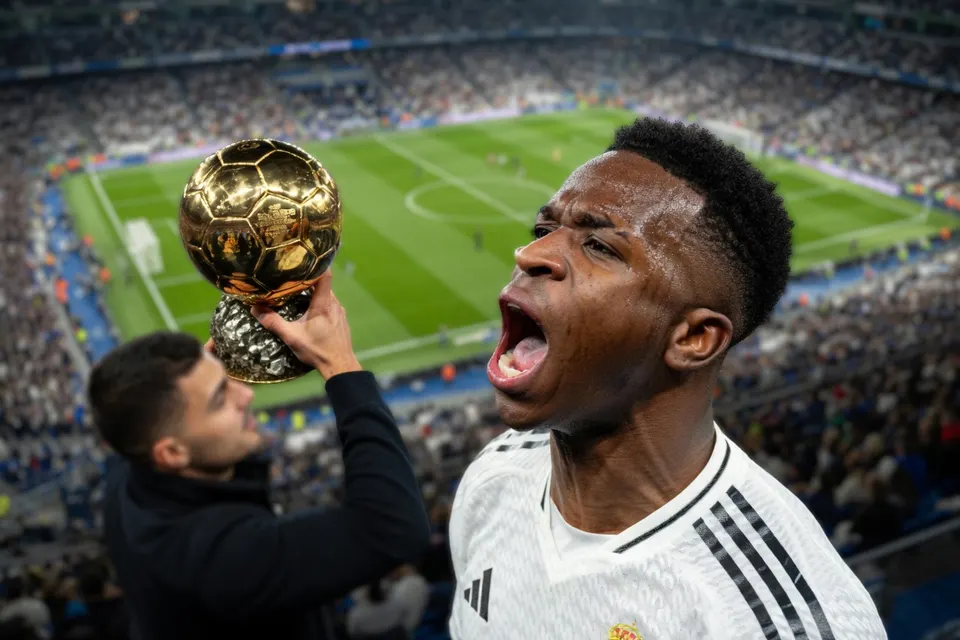 Vinícius Júnior viert op een voetbalveld zijn uitverkiezing tot beste speler van 2024