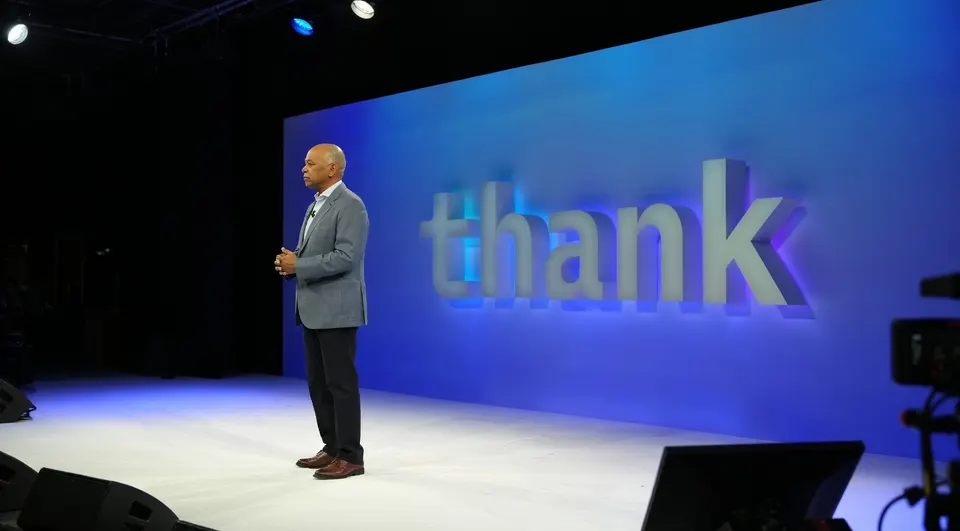 IBM-topman Arvind Krishna tijdens een presentatie
