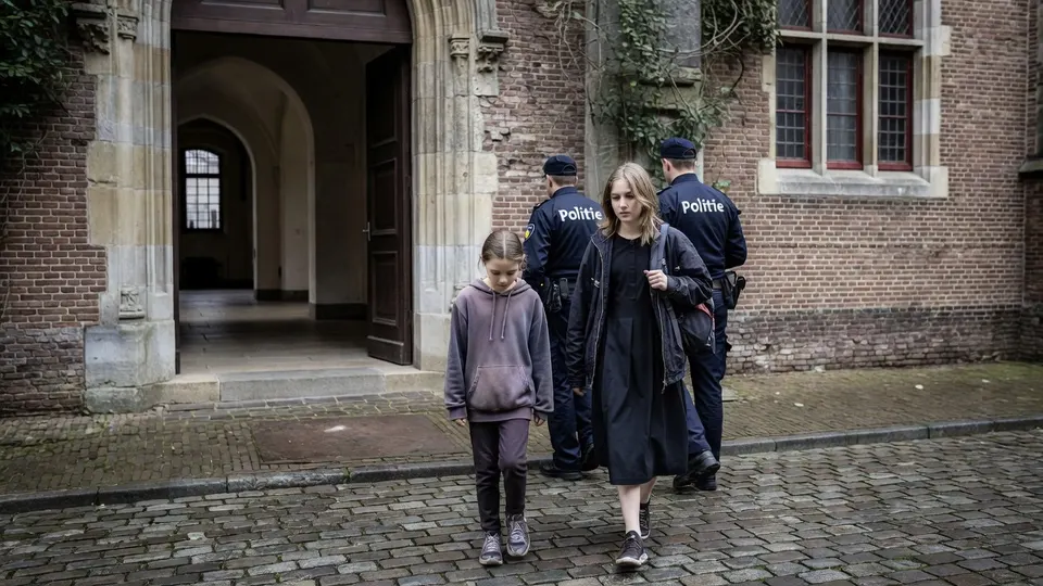 Twee meisjes verlaten met politieagenten het klooster van de zusters Augustinessen in Utrecht