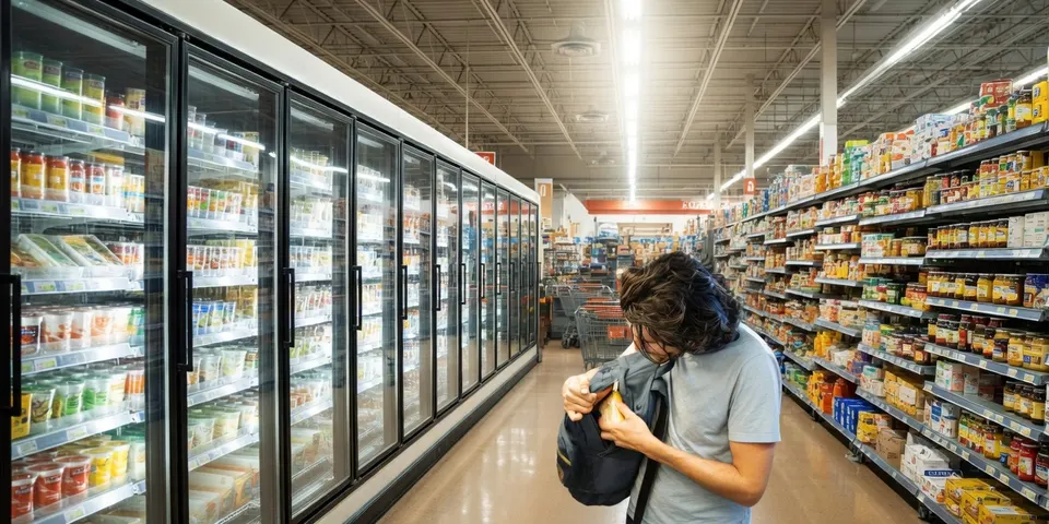 Winkelgang met koelingen en schappen in beeld