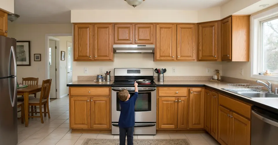 Peuter reikt in de keuken naar het fornuis, een situatie die brandwonden kan veroorzaken