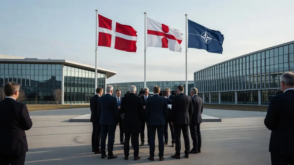 NAVO-vlag naast de Deense en Groenlandse vlag bij een bijeenkomst over de veiligheid van Groenland