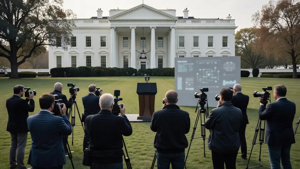 Journalisten verzamelen zich bij het Witte Huis voor een persmoment van Donald Trump
