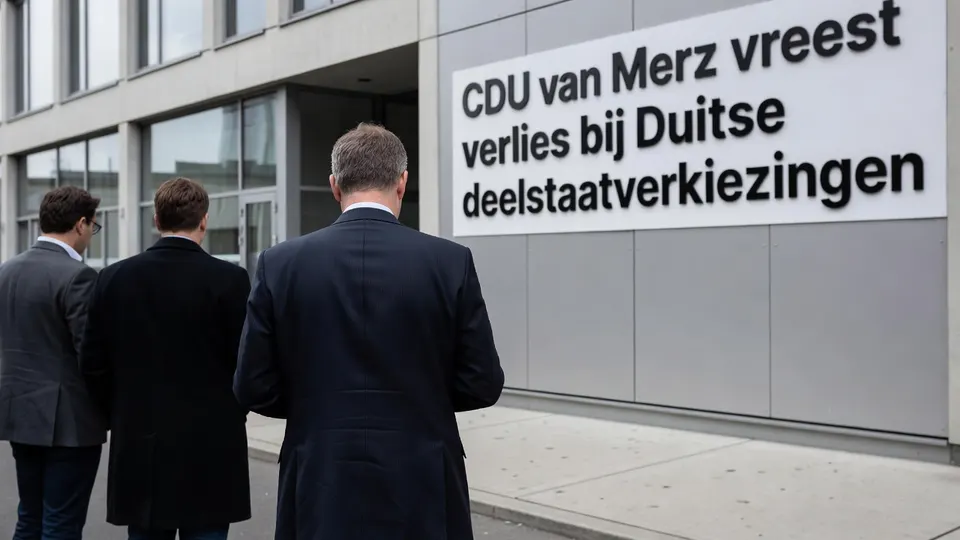 Drie mannen lopen langs een bord over de verwachte verliezen van de CDU van Friedrich Merz