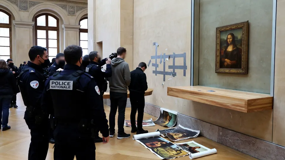 Politie in de zaal van de Mona Lisa, waar nepkunstwerken op de vloer liggen