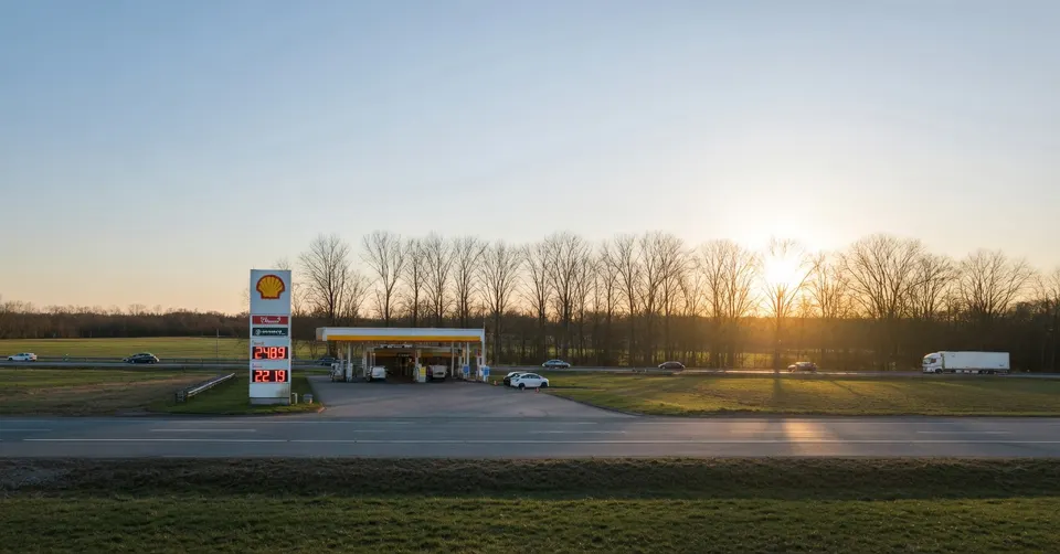 Een Shell-tankstation langs de weg, waar automobilisten benzine kunnen tanken