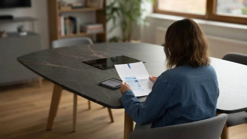 Ontvanger bekijkt een brief aan de keukentafel