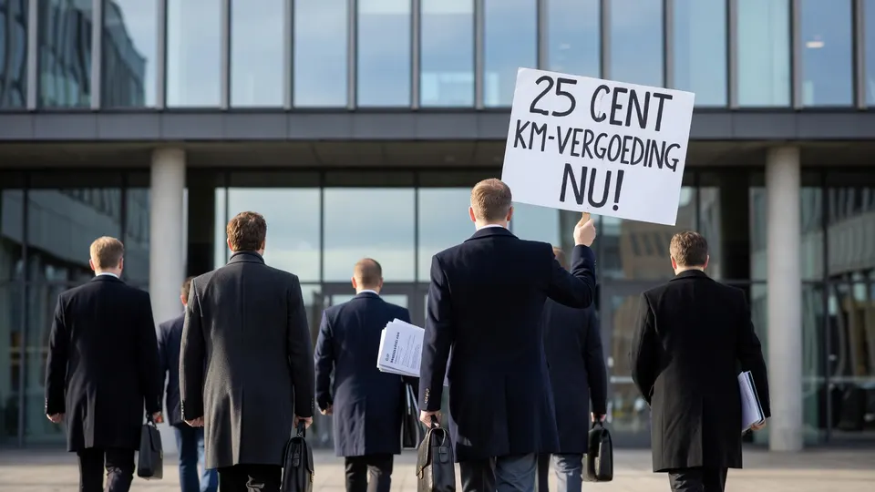 Werknemers demonstreren met een bord voor een kilometervergoeding van 25 cent