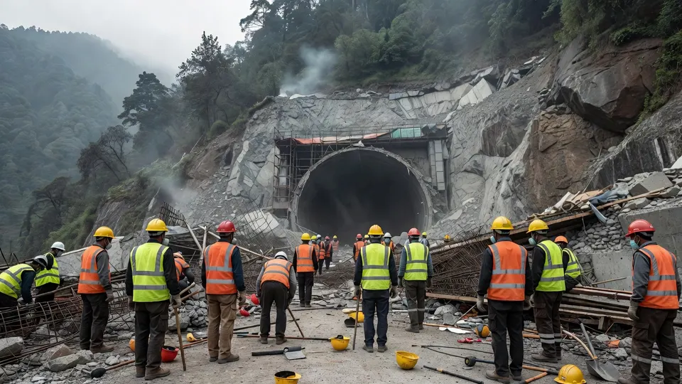 Reddingswerkers zoeken naar vermisten bij de ingestorte tunnel in de Indiase deelstaat Sikkim