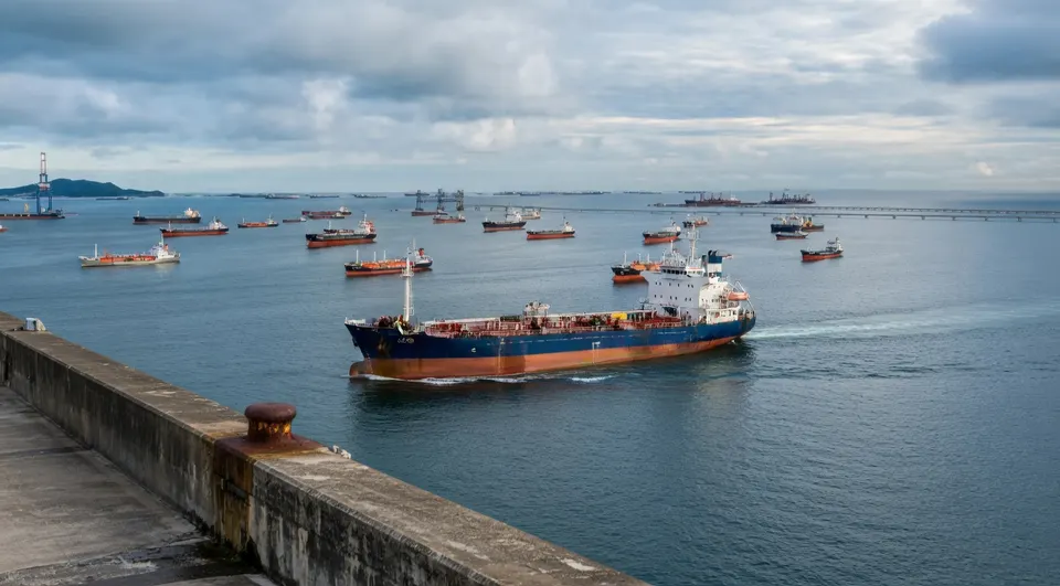 Olietankers en andere vrachtschepen varen door de Straat van Hormuz