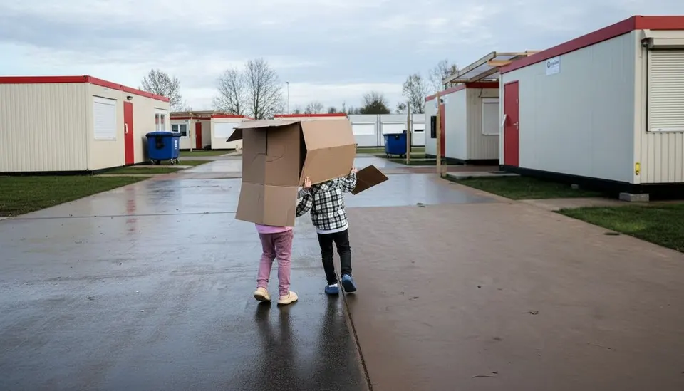 Kinderen lopen met kartonnen dozen langs tijdelijke opvanglocaties