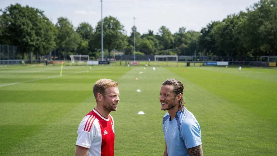 Daley Blind en Wout Weghorst trainen samen op het voetbalveld
