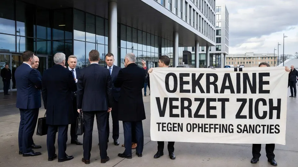 Demonstranten protesteren bij een EU-gebouw tegen het opheffen van sancties tegen Russische miljardairs