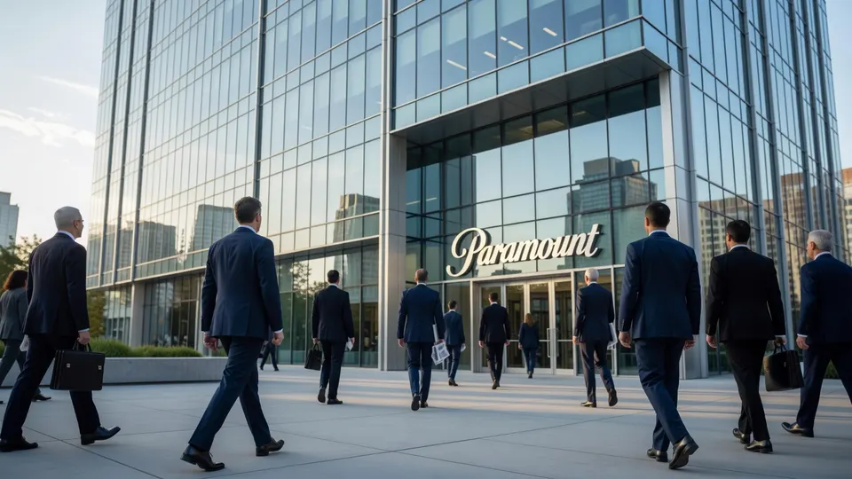 Mensen lopen langs de ingang van het Paramount-kantoor