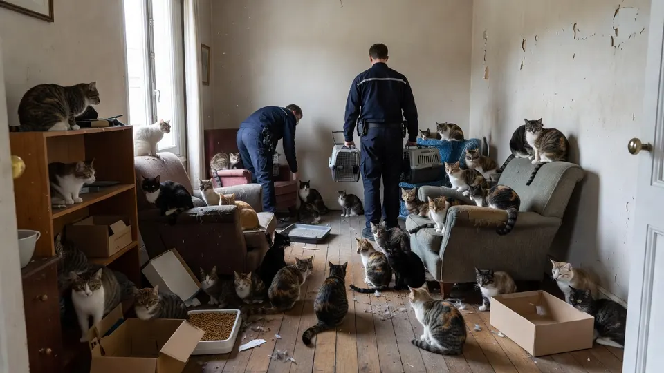 Medewerkers halen katten uit een appartement in Parijs waar 75 dieren zijn aangetroffen