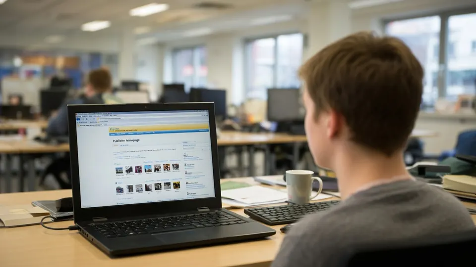 Gebruiker bekijkt de vernieuwde Hyves-website op een laptop
