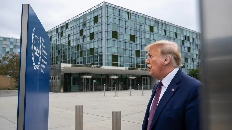 Donald Trump loopt langs het gebouw van het Internationaal Strafhof in Den Haag