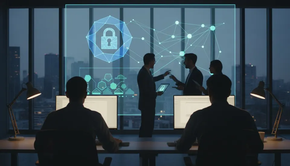 Illustratie van cybercriminelen die met een AI-chatbot Microsoft-accounts binnendringen