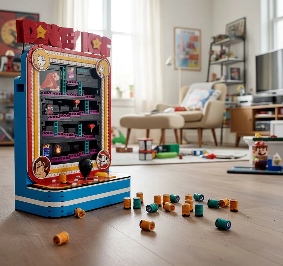 Lego's nagebouwde Donkey Kong-arcadekast met losse tonnen op de vloer
