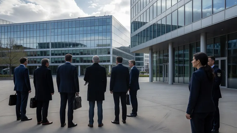 Een groep mensen loopt bij moderne kantoorgebouwen