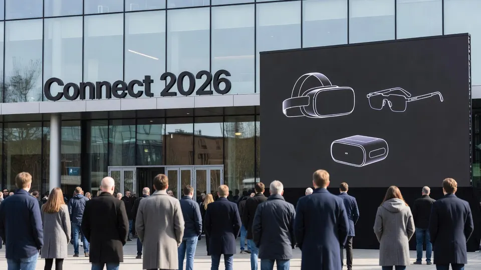 Bezoekers bekijken tijdens Connect 2026 afbeeldingen van Meta's nieuwe VR-bril en slimme brillen